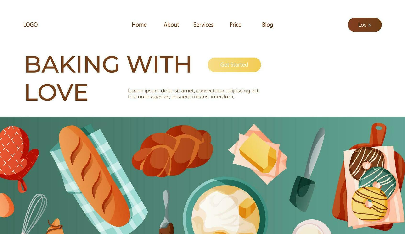 Landing page with baking ingredients, tools, utensils. Homemade kitchen supplies, bakery stuff. Flour, whisk, butter, milk. Baking shop, cooking, sweet, dessert for banner, website, banner vector