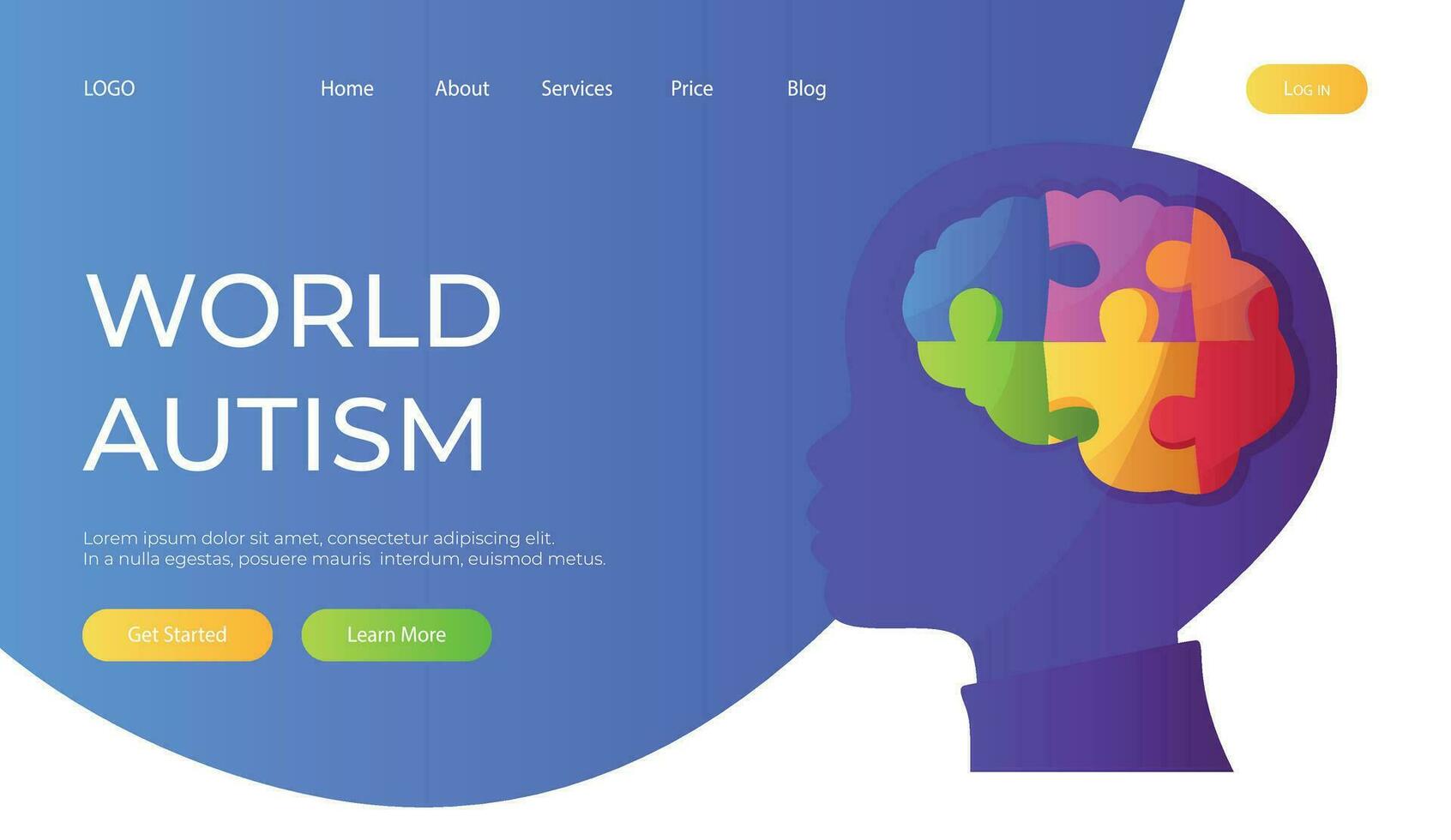 Landing page world autism awareness day with child head with puzzle pieces. International solidarity, aspergers day. Health care, mental illness. Social media post for poster, banner, cover, card vector