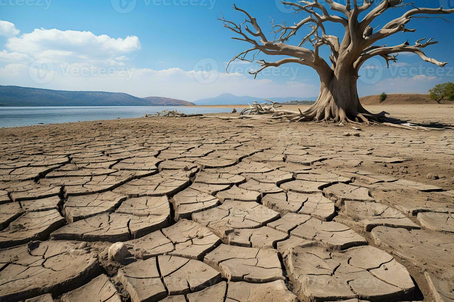 AI generated Dried tree on dried ground. Global warming concept. Generated by artificial intelligence photo
