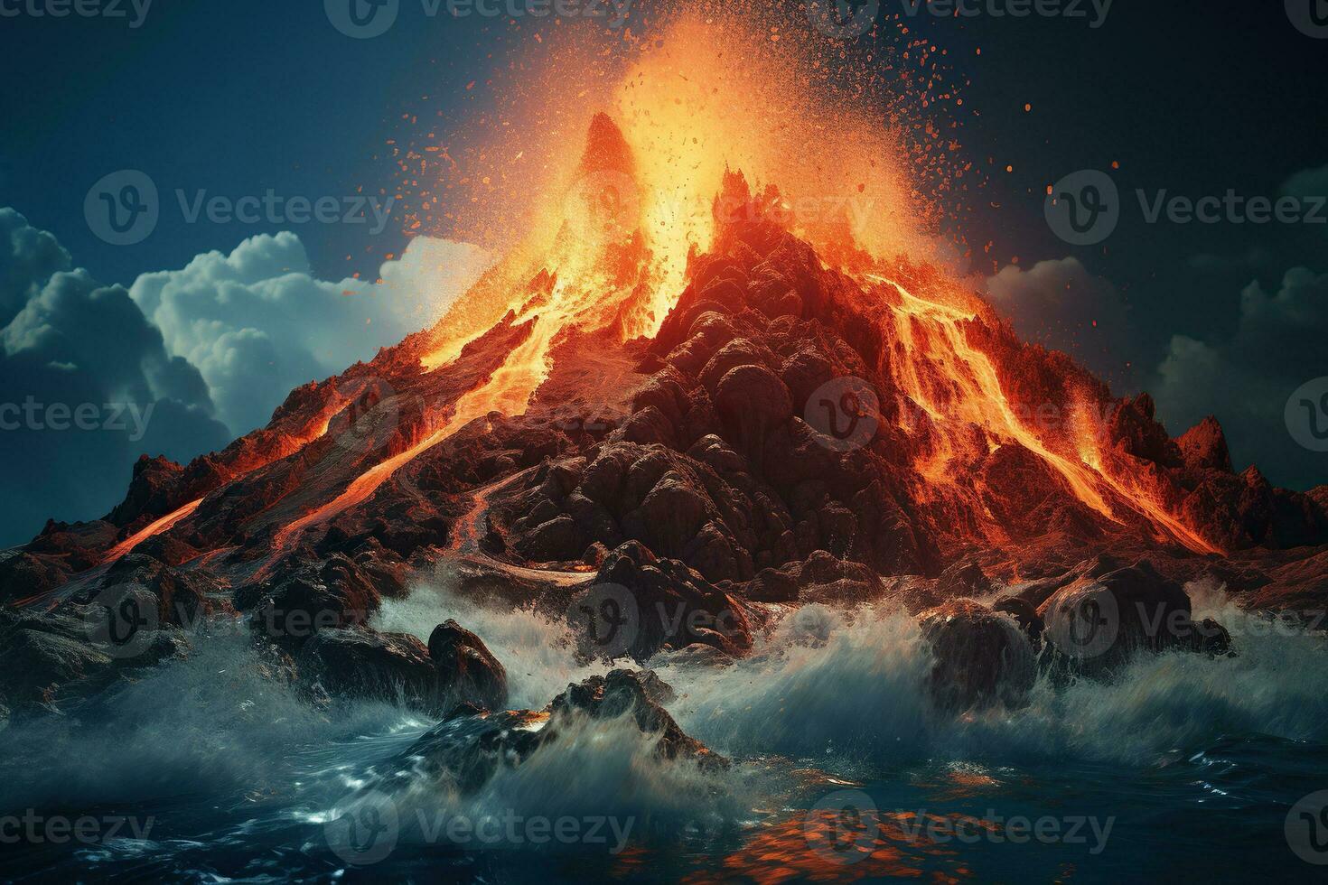 AI generated A volcanic eruption in the ocean with lava flowing into the water. Generated by artificial intelligence photo