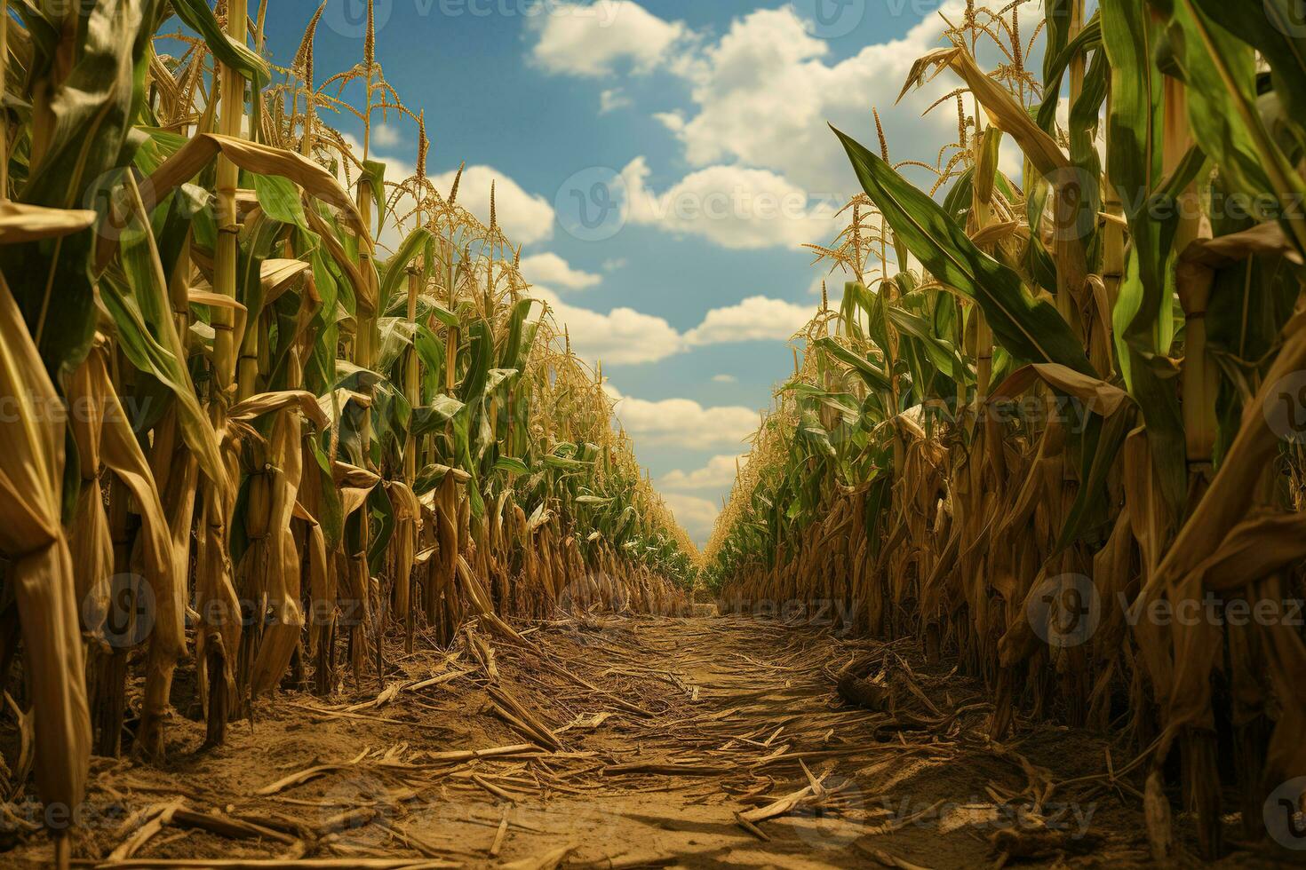 AI generated A path in the middle of a dry corn field. Generated by artificial intelligence photo