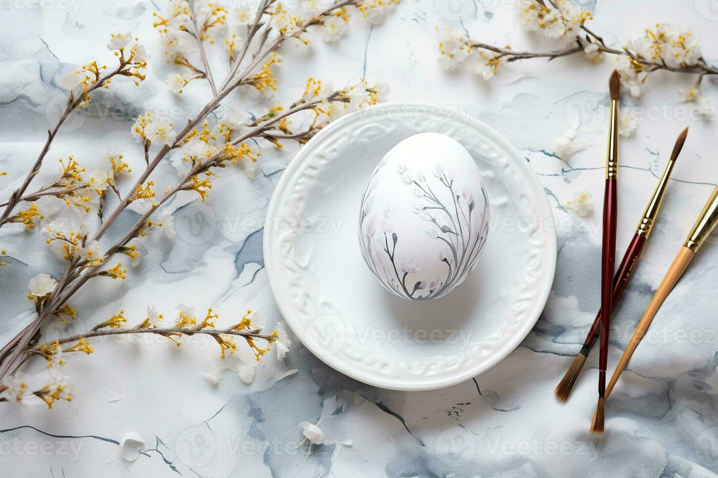 AI generated Easter egg with handmade decor on a table with branches. Generated by artificial intelligence photo