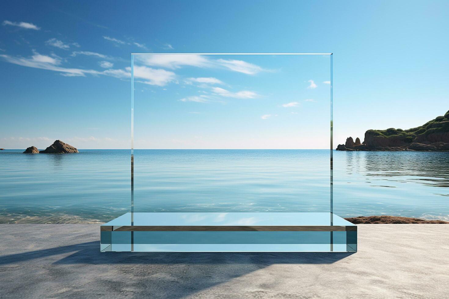AI generated Glass transparent rectangular podium on a stone against the background of the sea. Generated by artificial intelligence photo