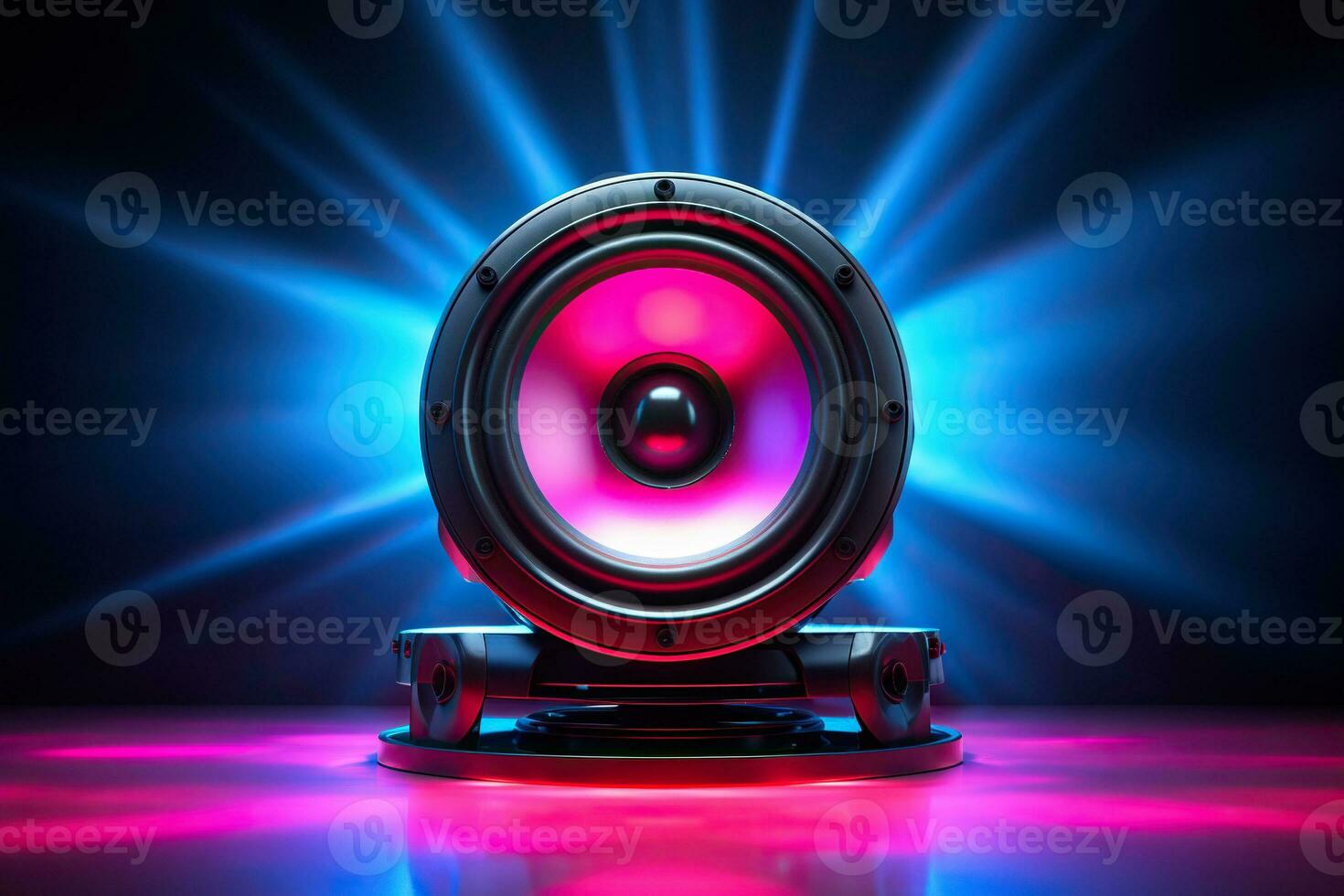 AI generated Music column, speaker with neon rays. Music and sound concept. Generated by artificial intelligence photo