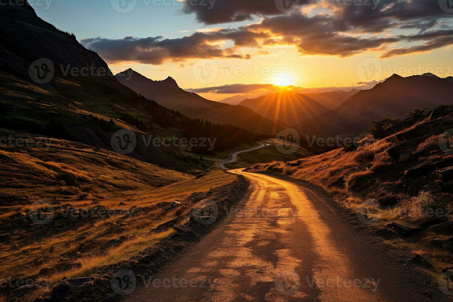 AI generated Winding country road at sunset in the highlands. Generated by artificial intelligence photo