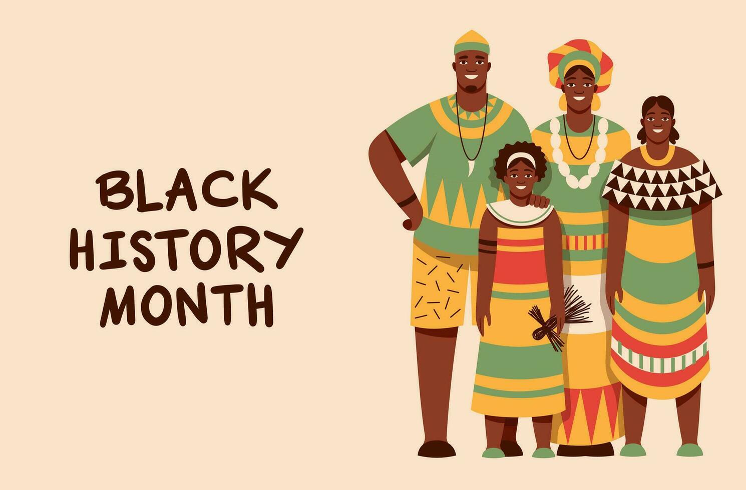 un africano familia en gente disfraces negro historia mes. dibujos animados, departamento, vector ilustración