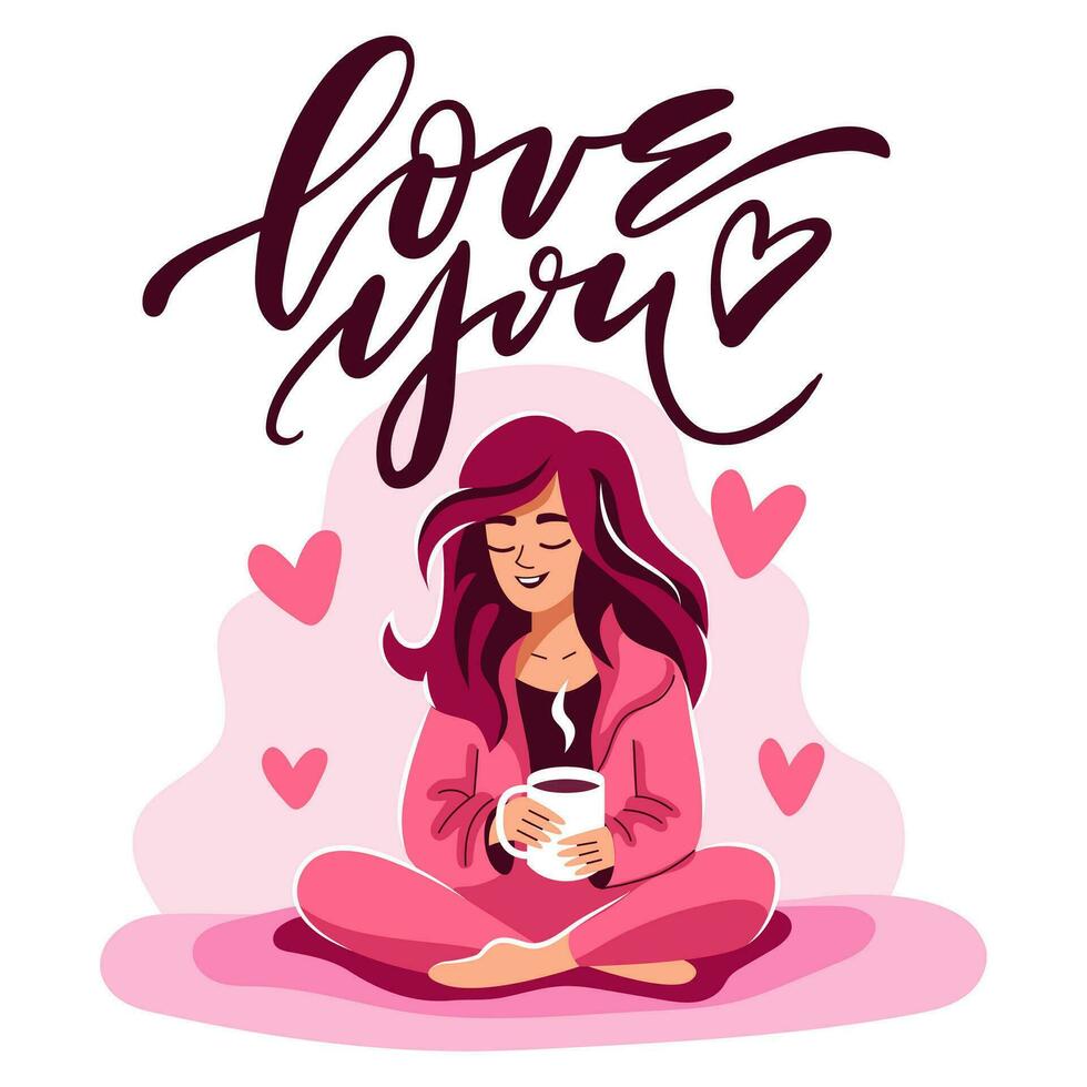 A lovely woman wishes you a happy Valentine's Day. A beautiful girl is sitting on the floor, holding a mug in her hands. Vector, Cartoon, Flat vector