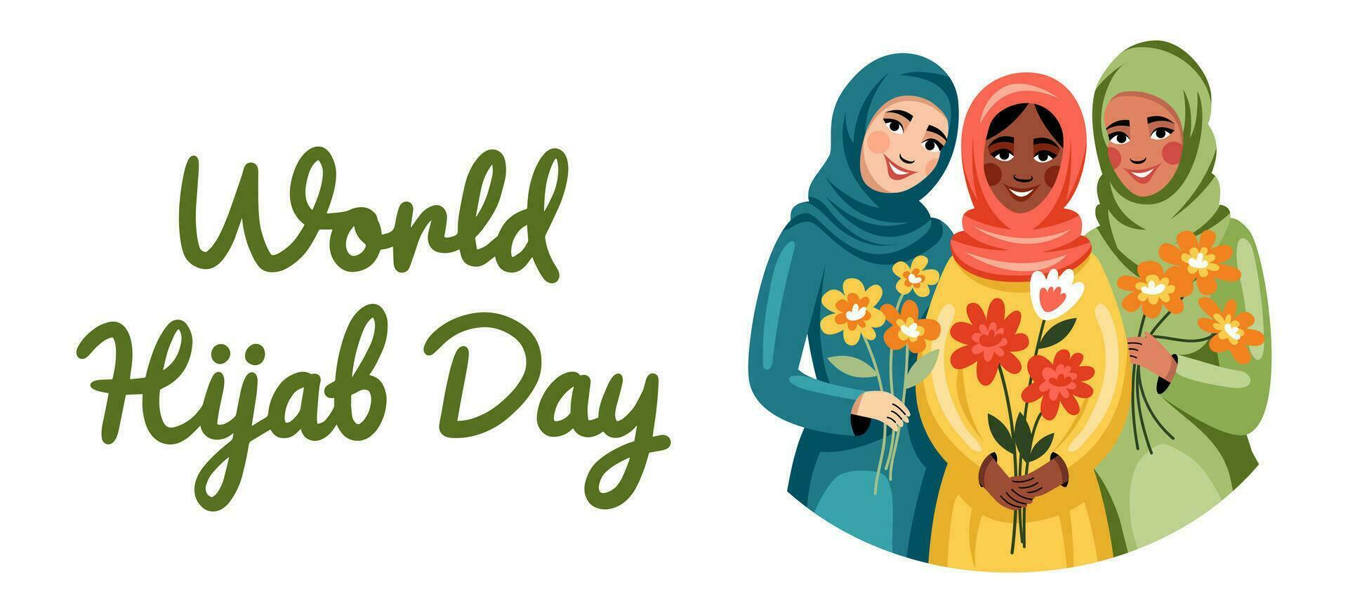 Covered girls in hijab holding flowers. International Hijam Day. Three Muslim women are smiling. Flat, cartoon, vector. vector