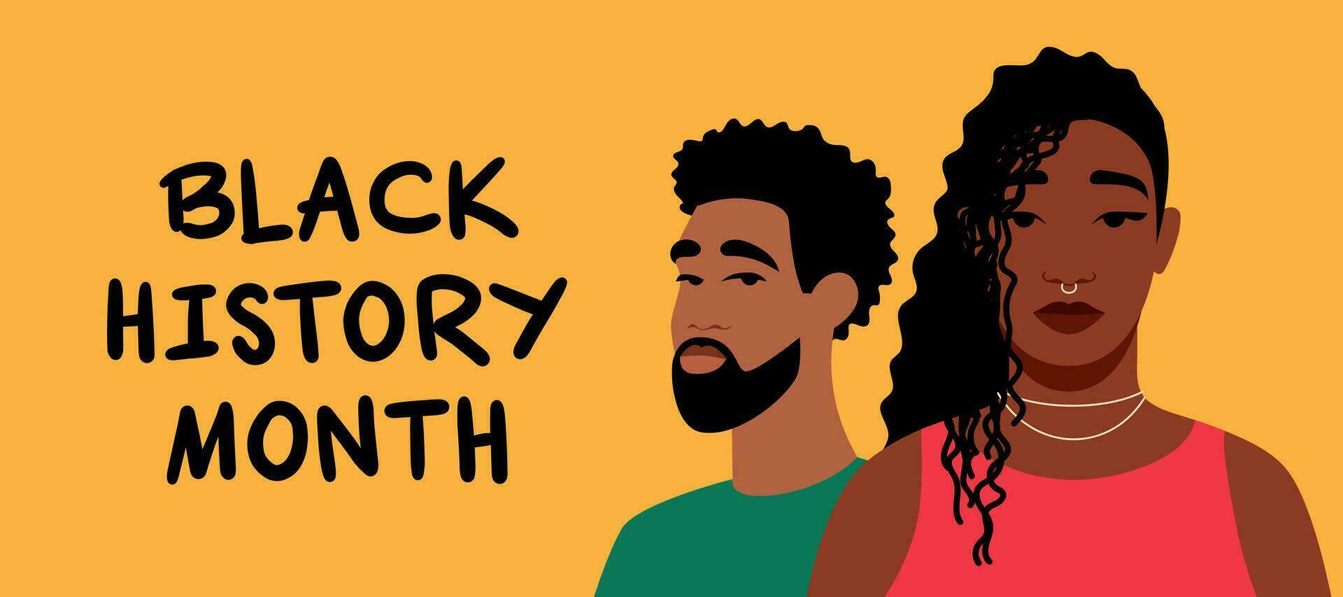 retrato de un negro mujer. un afroamericano muchacha. negro historia mes. dibujos animados, departamento, vector ilustración. horizontal bandera
