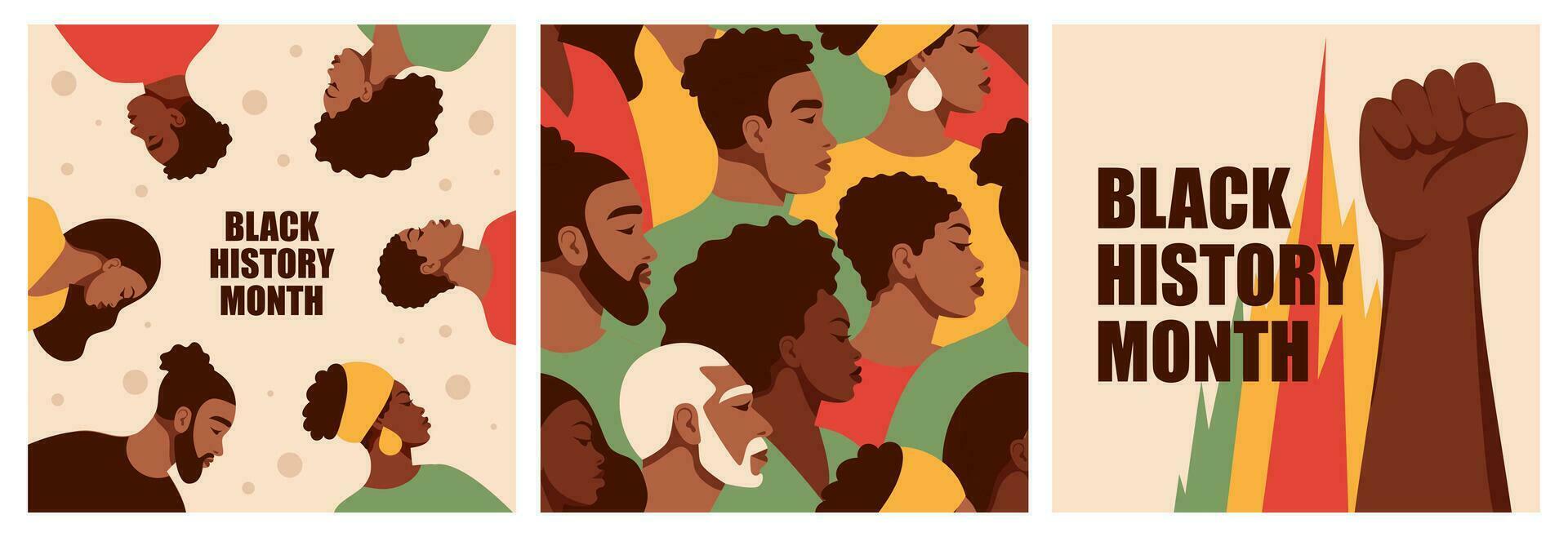 un conjunto de diseños con africano americanos negro hombres y mujer. puño.negro historia mes. dibujos animados, departamento, vector ilustración.