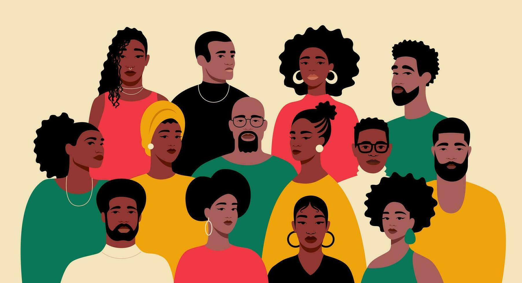 A group portrait of black people. African American men and women. Black History Month. Cartoon, flat, vector illustration