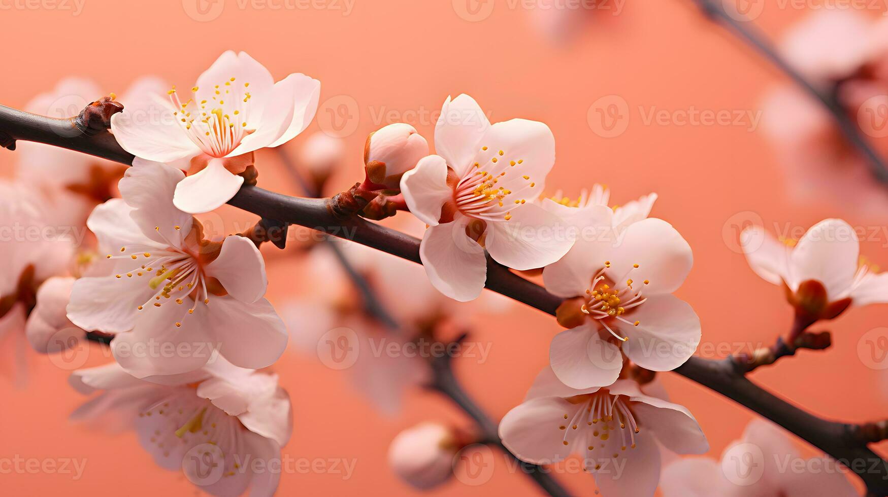 AI generated cherry blossom in spring, closeup of pink flowers. peach fuzz color of the year 2024 photo