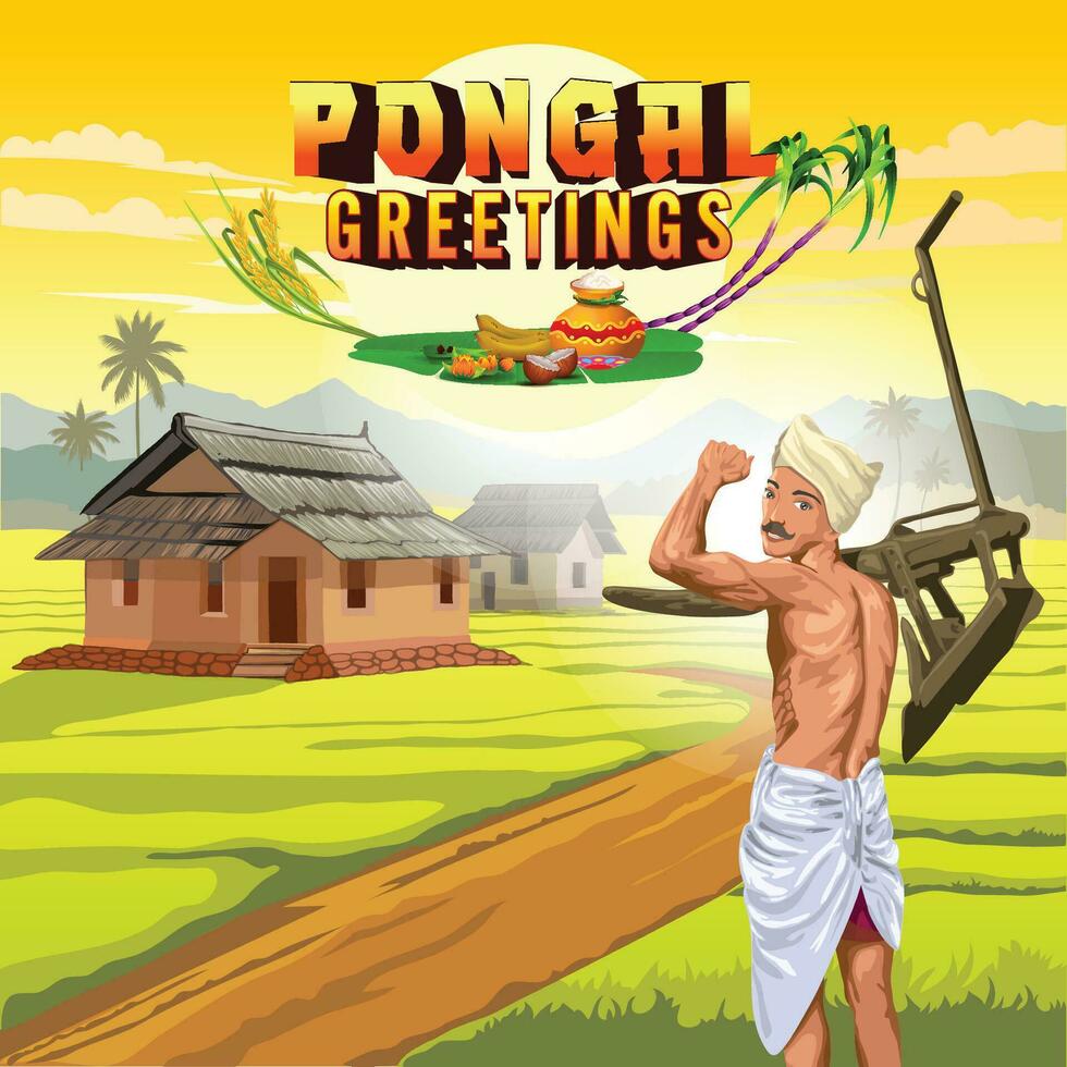 pongal saludos con un contento granjero posando en frente de hermosa pueblo paisaje vector