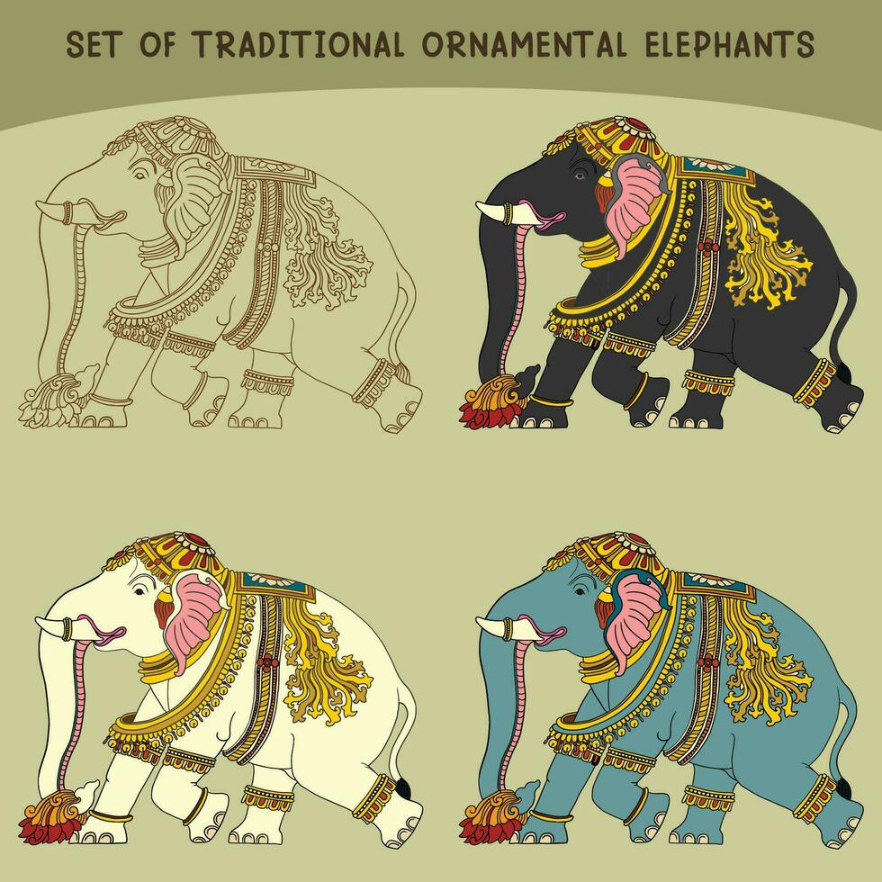 conjunto de tradicional ornamental elefante diseño en diferente color y línea Arte vector