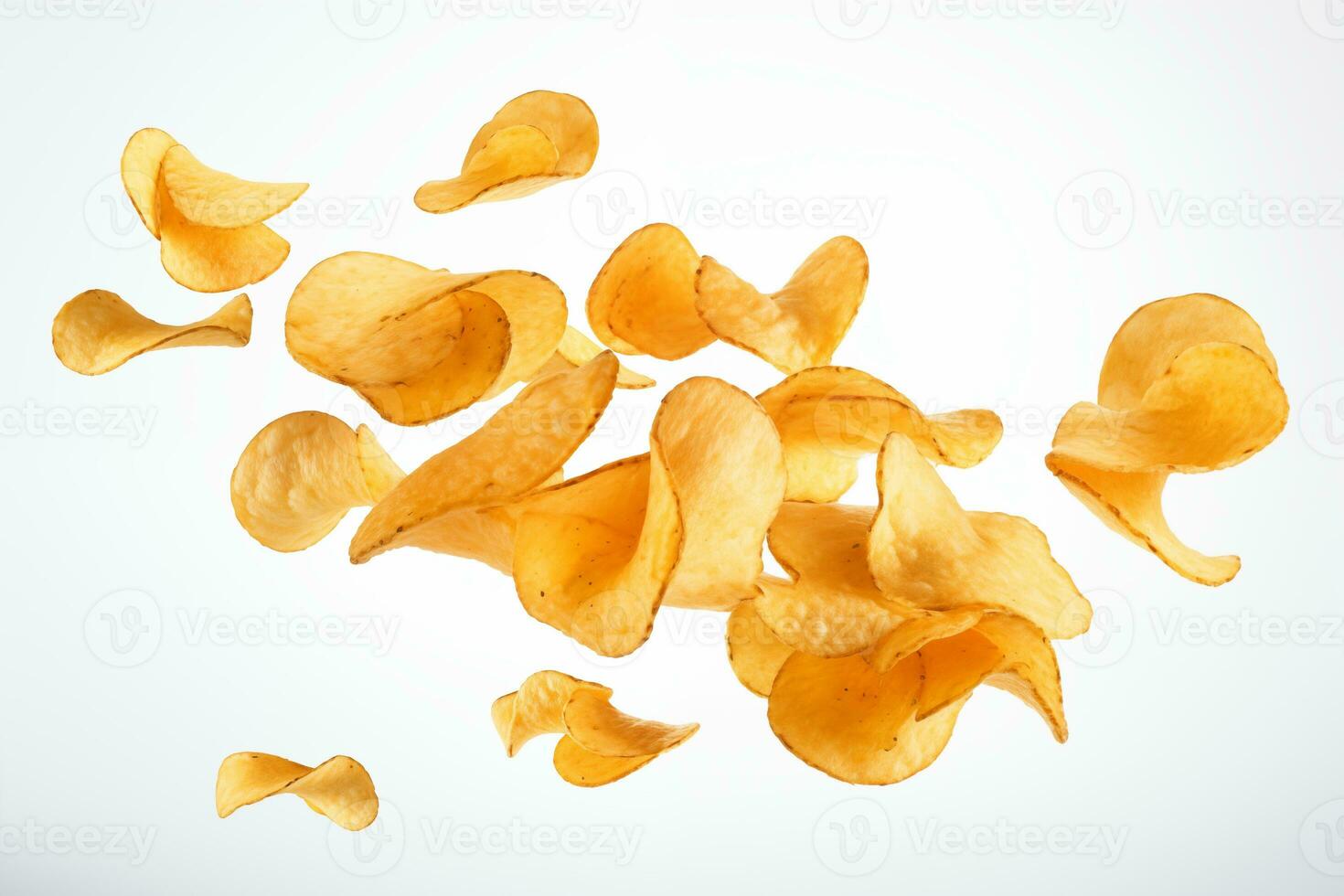 AI generated Potato chips flying mid-air isolated on white photo