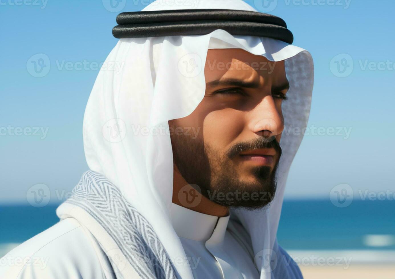 AI generated An Arabian man in traditional attire is at a beach. AI Generated photo