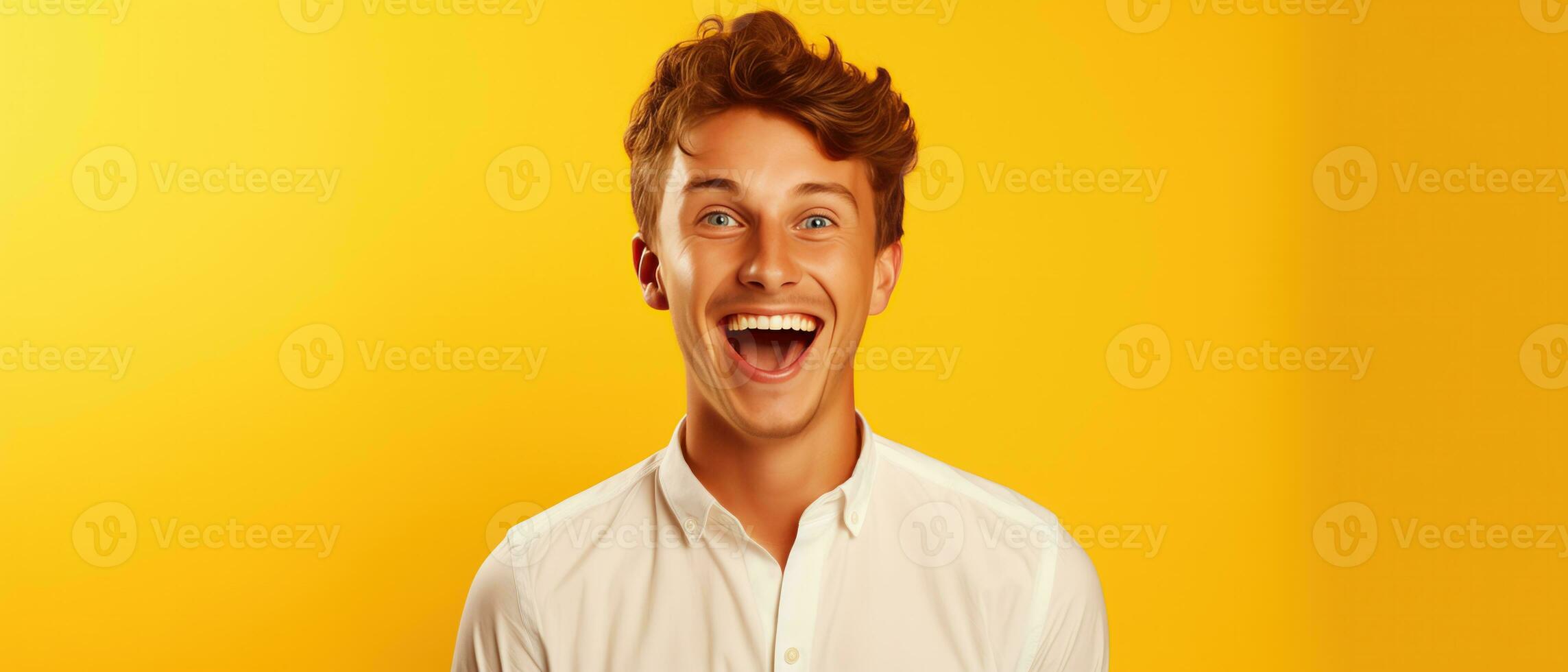 AI generated A cheerful young man laughing isolated on yellow. AI Generated photo