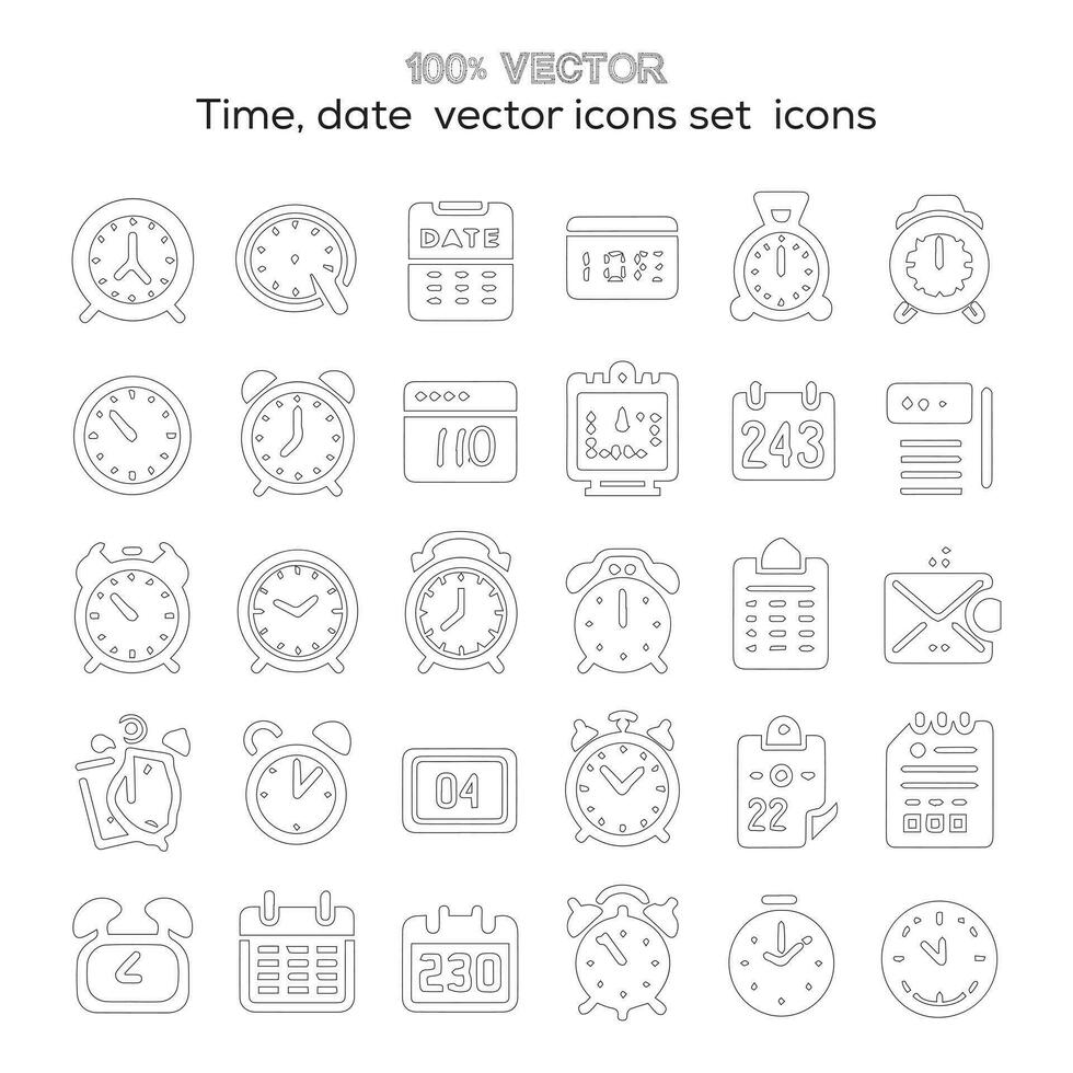 Editable stroke outlines and icons representing the time, date, and address are isolated on a white backdrop in this flat vector artwork.