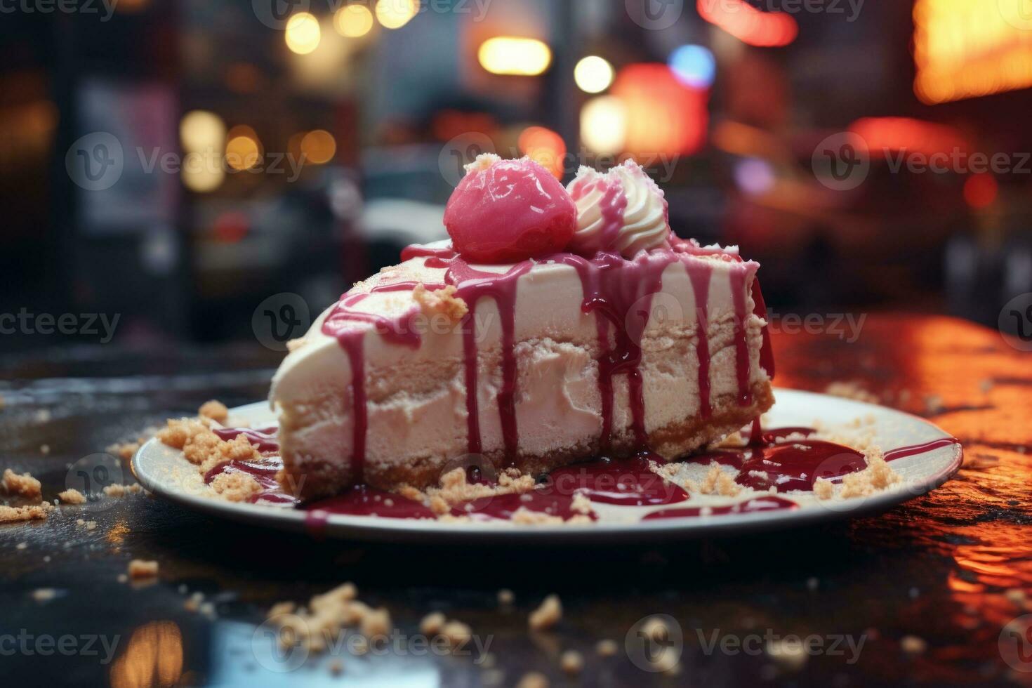 AI generated A decadent slice of New York cheesecake with a graham cracker crust and drizzles of raspberry sauce. photo