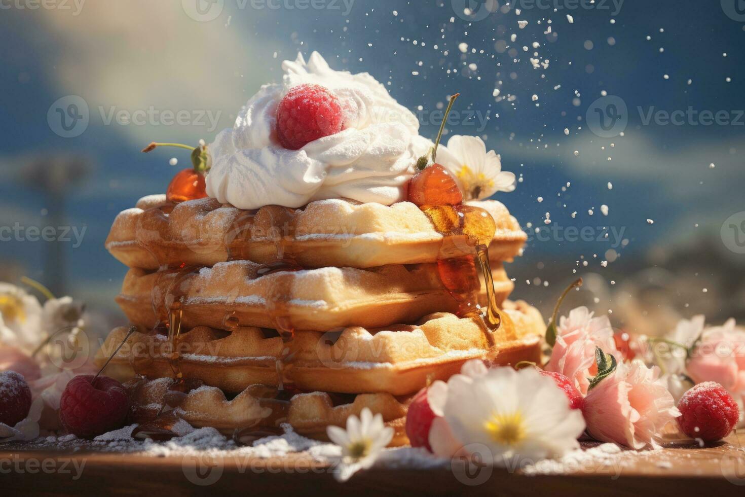 AI generated A stack of golden waffles topped with whipped cream, syrup, and a dusting of powdered sugar. Generative AI photo