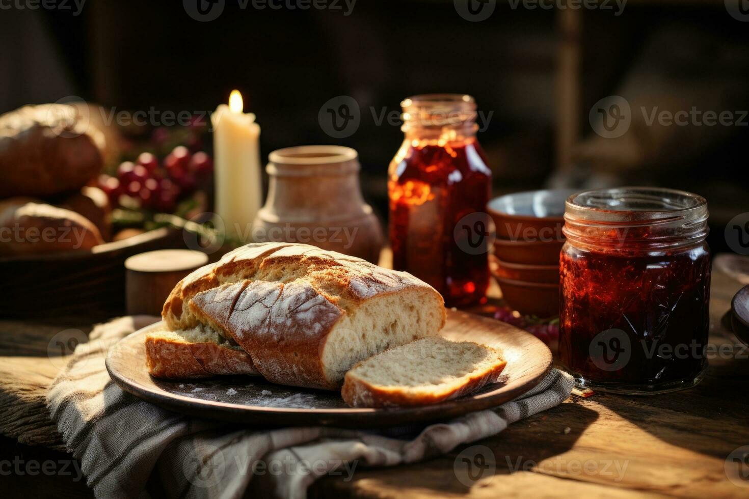 AI generated A rustic table setting with a loaf of freshly baked bread, butter, and a jar of homemade jam. Generative AI photo