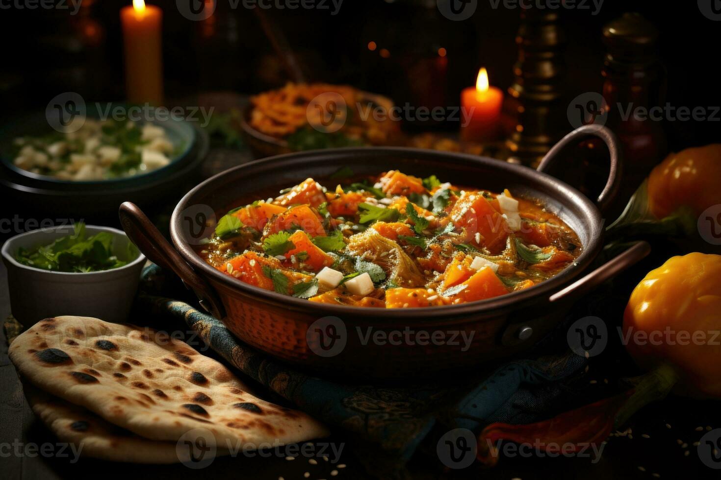 AI generated A fragrant curry dish served in a traditional bowl with naan bread on the side. Generative AI photo
