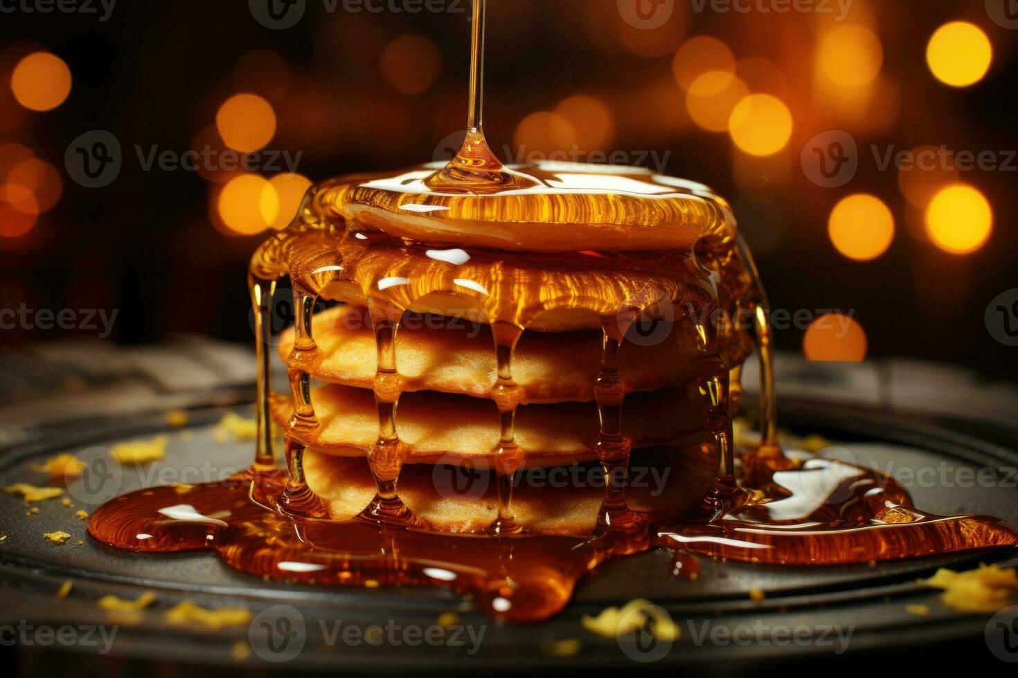 AI generated An artistic shot of a spoon drizzling honey over a stack of pancakes, capturing the golden stream. Generative AI photo