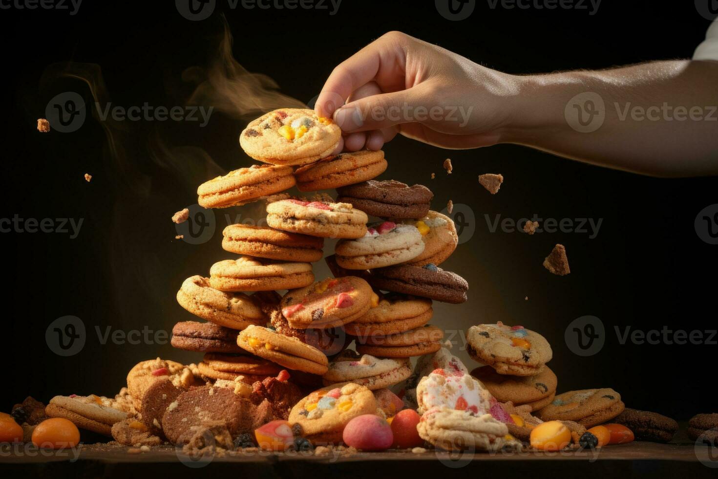 AI generated A playful scene featuring hands reaching for a stack of cookies, showcasing the variety of flavors. Generative AI photo