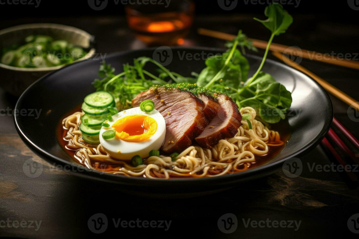 AI generated A flavorful bowl of ramen with tender slices of pork, soft-boiled egg, nori, and scallions in a rich broth. Generative AI photo