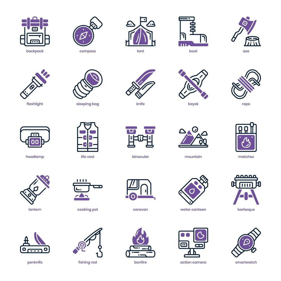 Camping icon pack for your website design, logo, app, and user interface. Camping icon dual tone design. Vector graphics illustration and editable stroke.