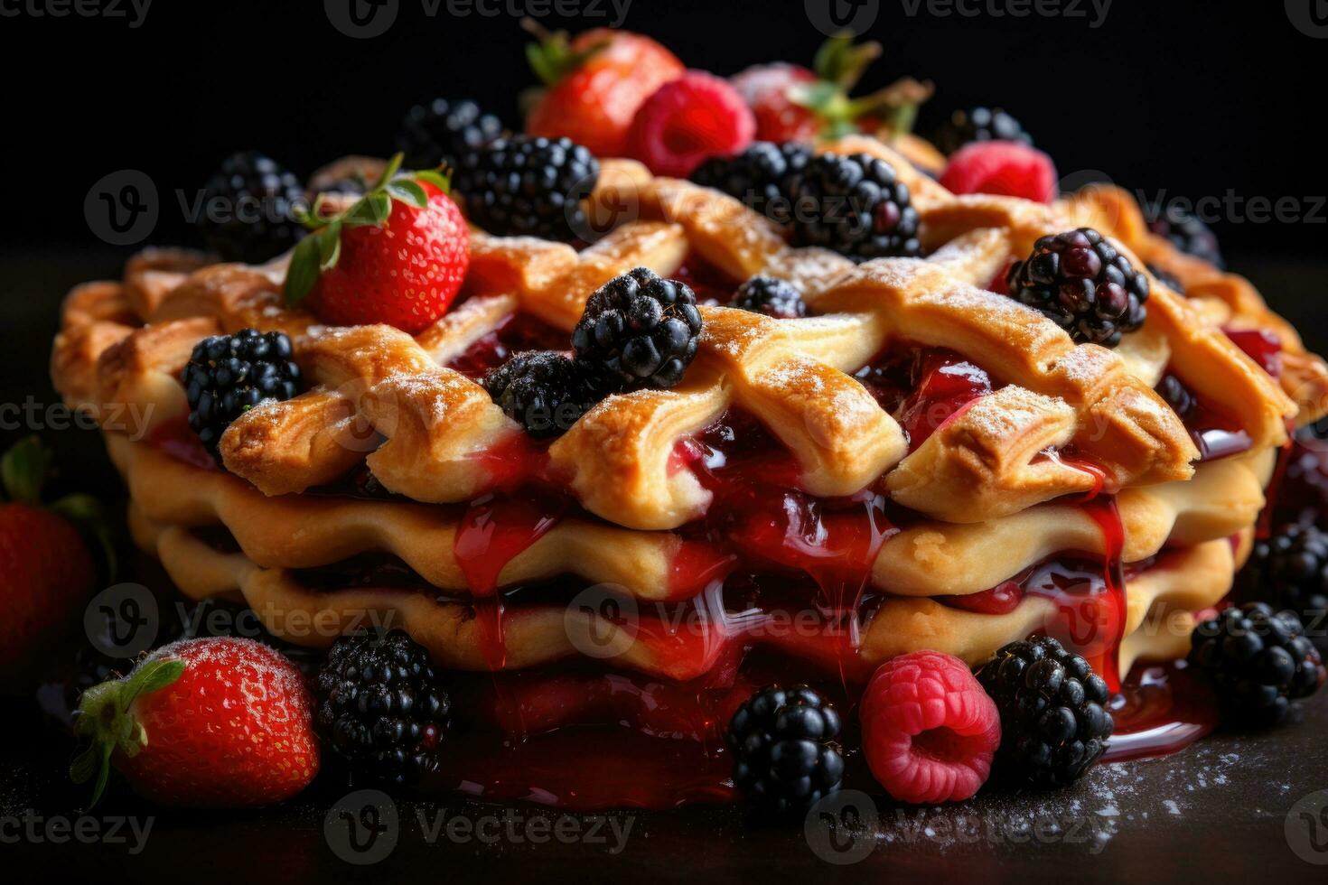 AI generated A close-up of a lattice-topped fruit pie with a mixture of berries spilling out from between the golden crust. Generative AI photo