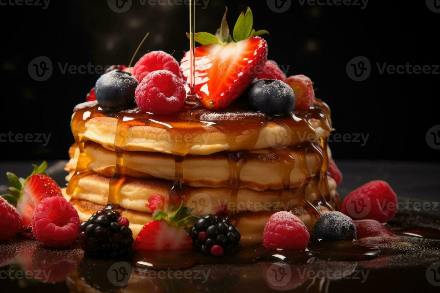 AI generated A stack of fluffy pancakes drizzled with maple syrup and adorned with fresh berries. Generative AI photo