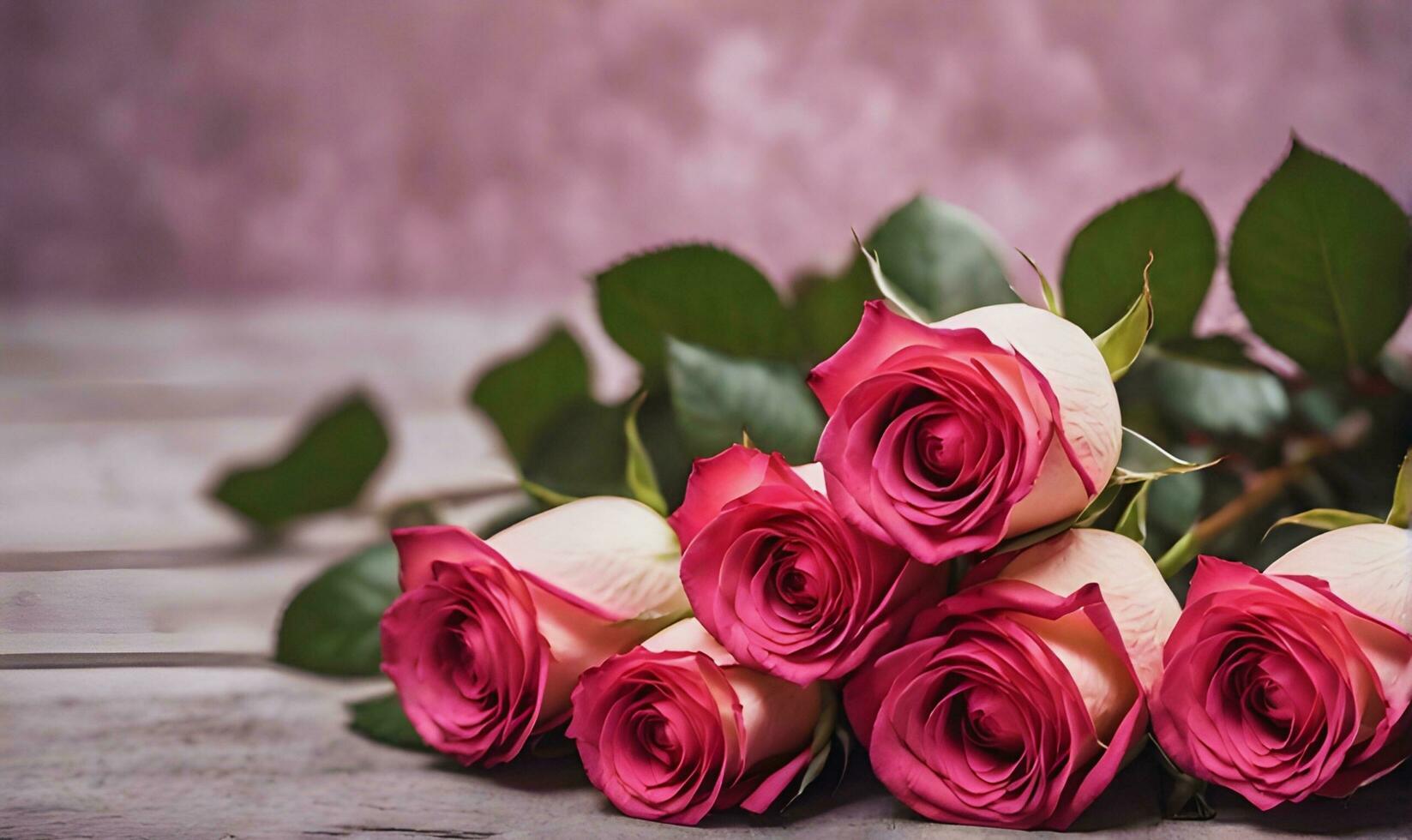 AI generated Red roses on a light wooden background, top view. Floral template with copy space. photo
