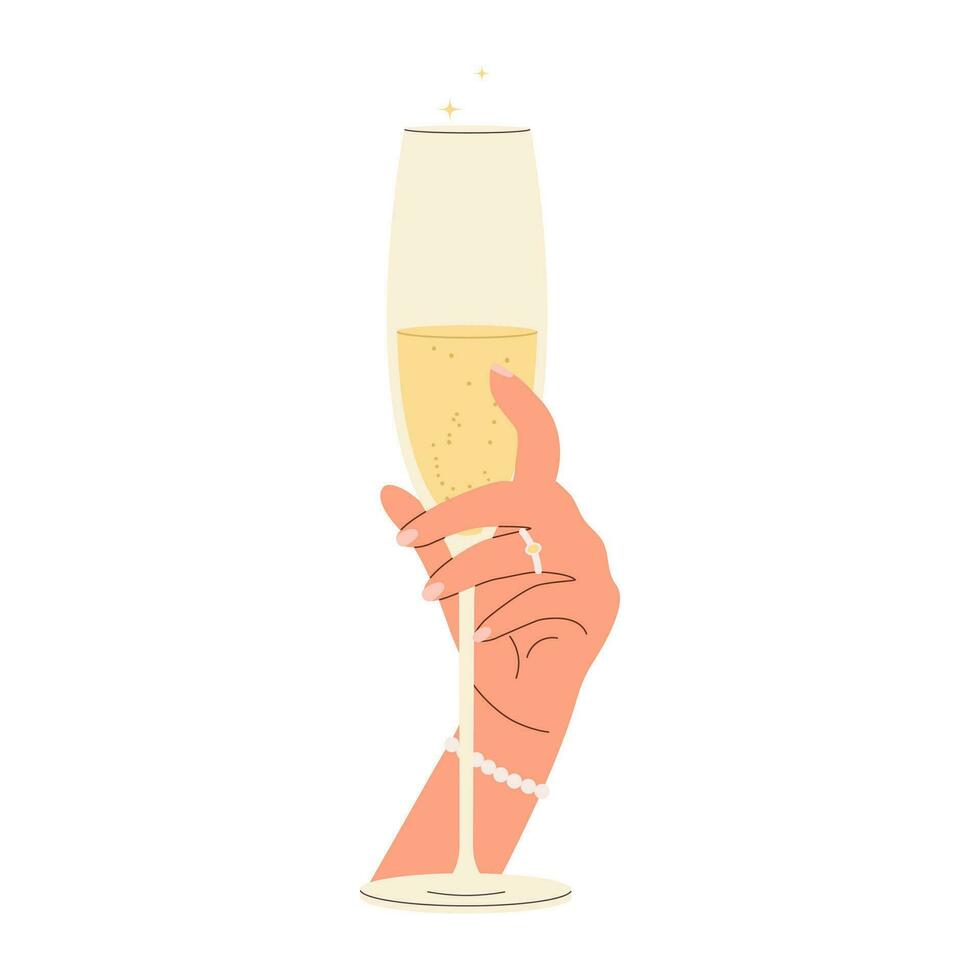 vaso de vino en mujer mano. champán en el muchachas mano. vector ilustración