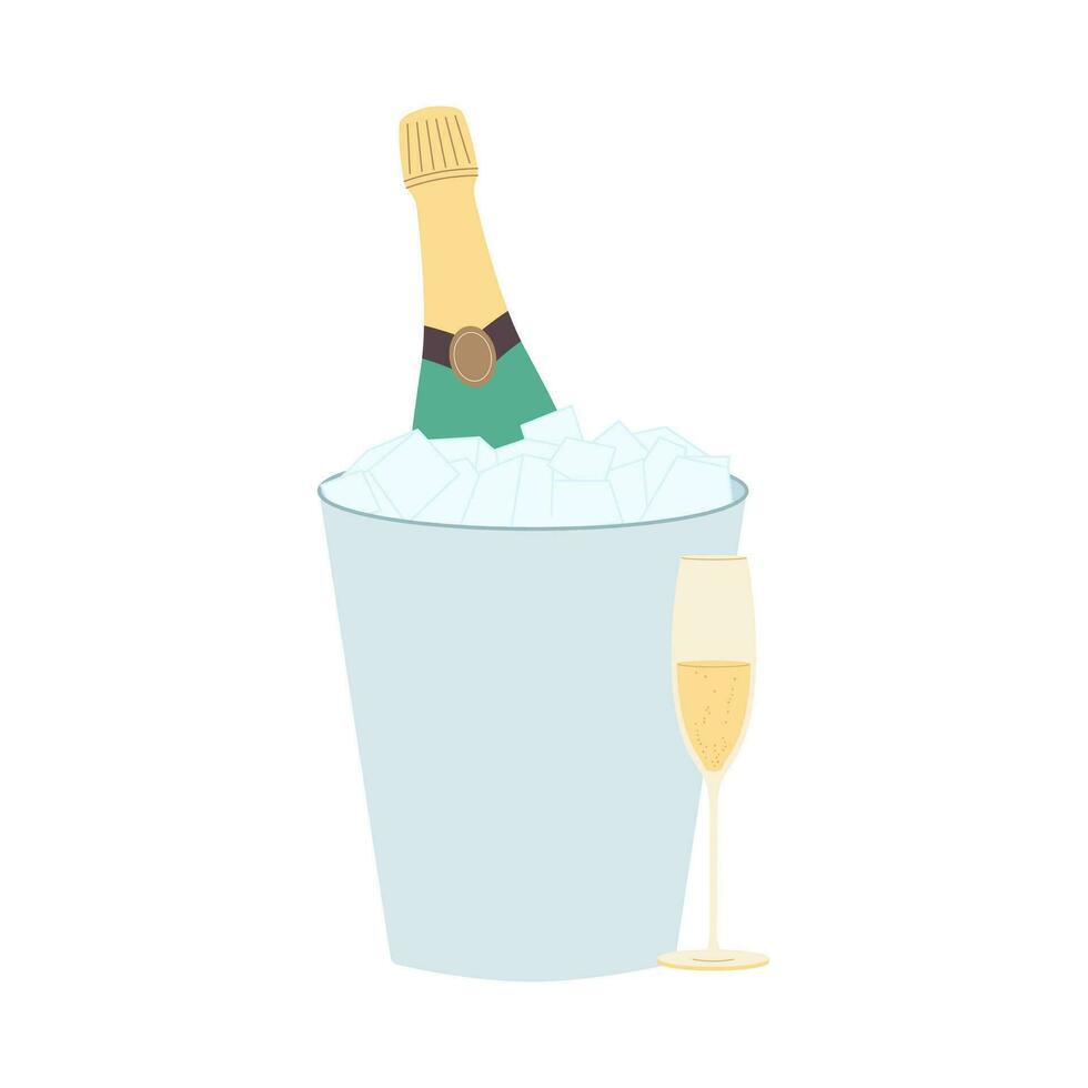 Wine bottle in bucket of ice with glass. Champagne vintage glass bottle. Vector illustration