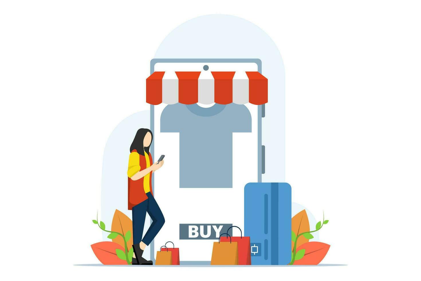 Payment concept in mobile e-commerce, characters buying goods on a mobile application in an online store and paying for the purchase with a debit card, online shopping, finance and payments. vector