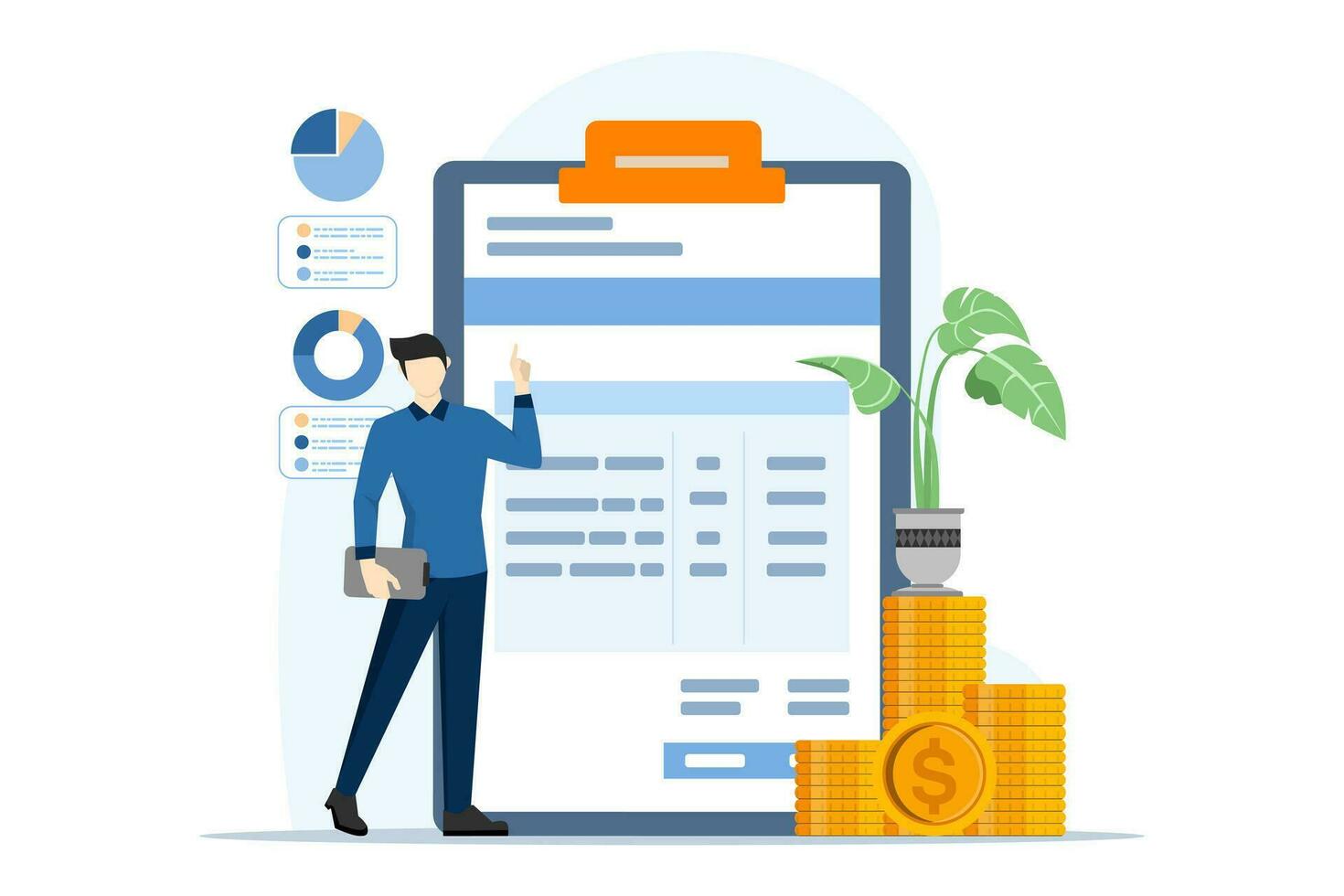 Audit process in business, Professionals evaluate financial records, Internal audit, third party verification, clear reports, Integrity, accuracy, transparency in finance, Flat vector illustration.