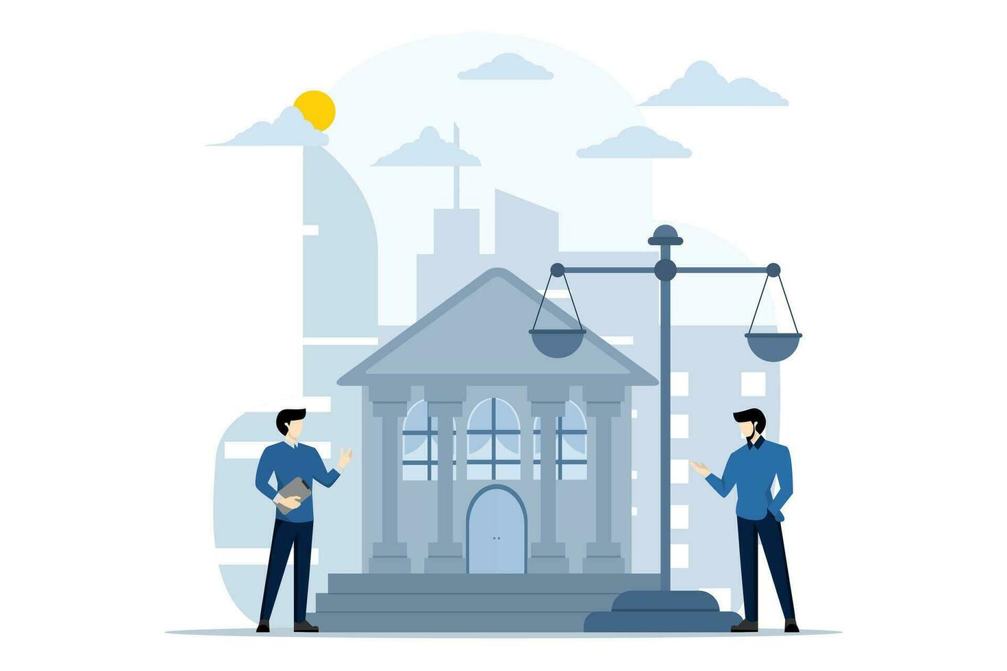 Legal advice concept. Law and justice scene, lawyer consultation, advising client, scales of justice, legal advice, lawyer consultation with client, flat vector illustration on white background.
