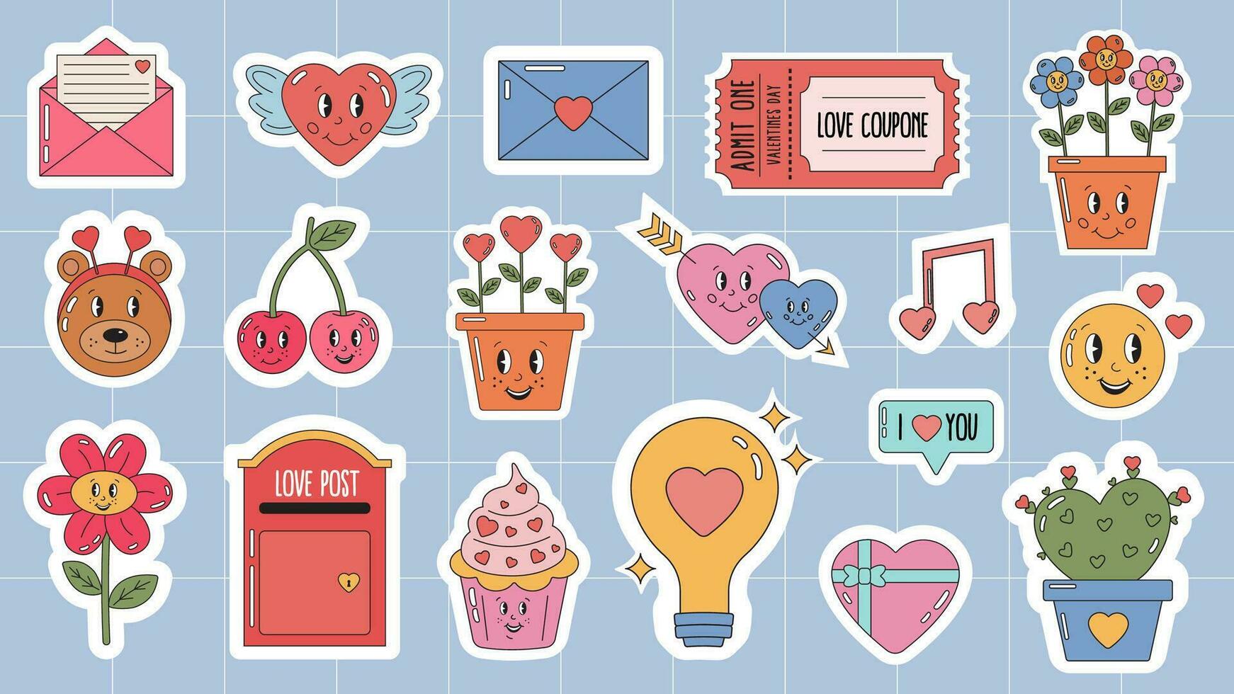 Retro cartoon happy love Valentines day stickers pack for scrapbooking, daily planner, diary. Valentine day pack. Romantic doodle vector icons for daily planner, diary. Groovy hippie love stickers.