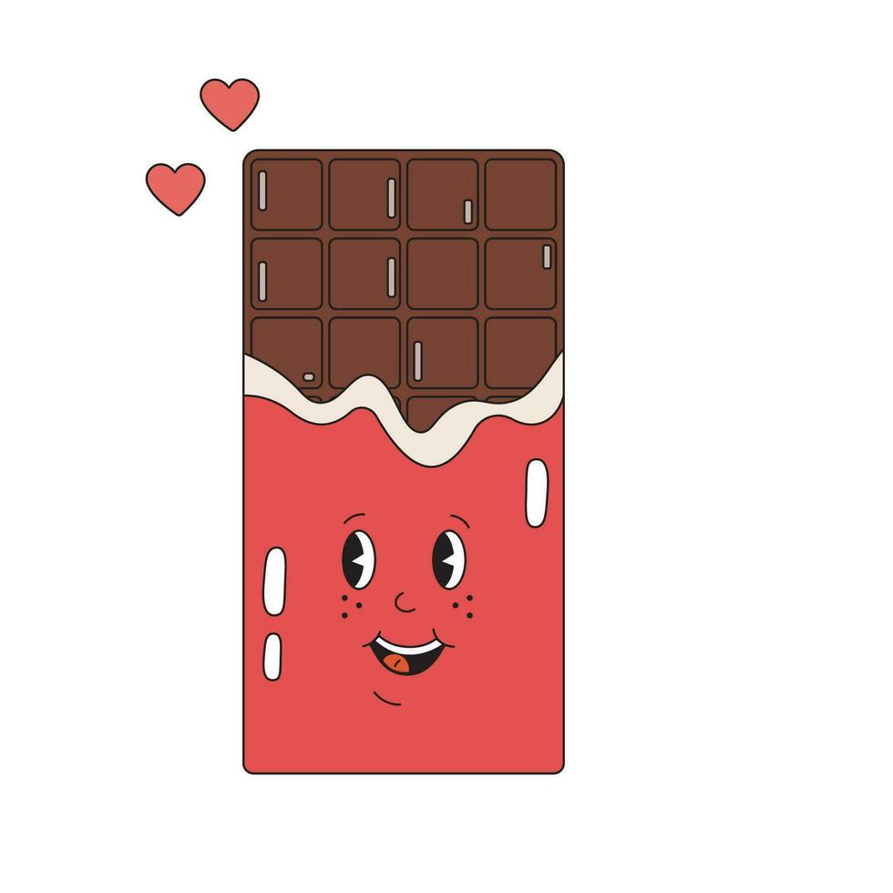 Cute chocolate bar wrapped in groovy retro style with hearts. Sweet black chocolate. vector