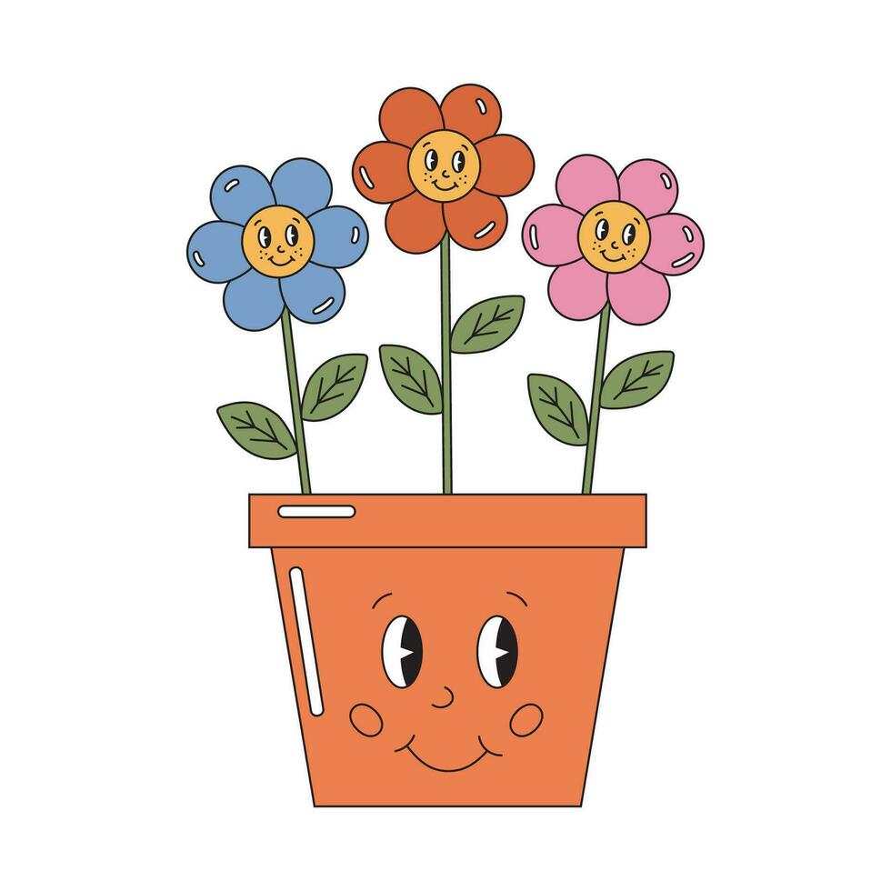 linda flores en sonriente maceta en retro maravilloso estilo. sonriente hippie plantas vector