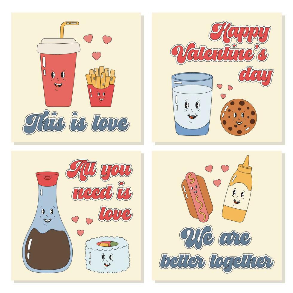 Groovy hippie love cards collection. Retro happy Valentines day. Romantic vector illustration. I love you greeting card template. February 14 collection. Trendy groovy valentines day sticker set.