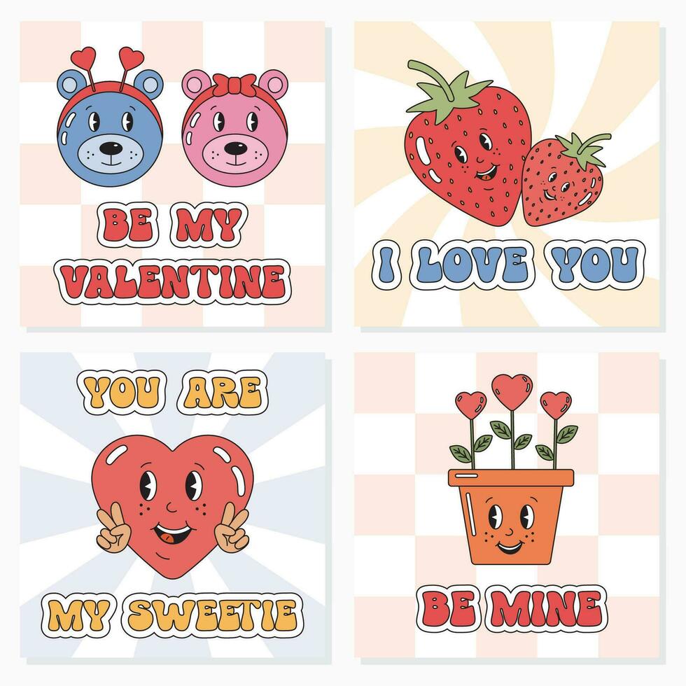 Set of romantic funny retro groovy cards. Be mine, be my Valentine, I love you. Vector hippie love. Cartoon February 14 collection. Retro collection of romantic Valentine day print.