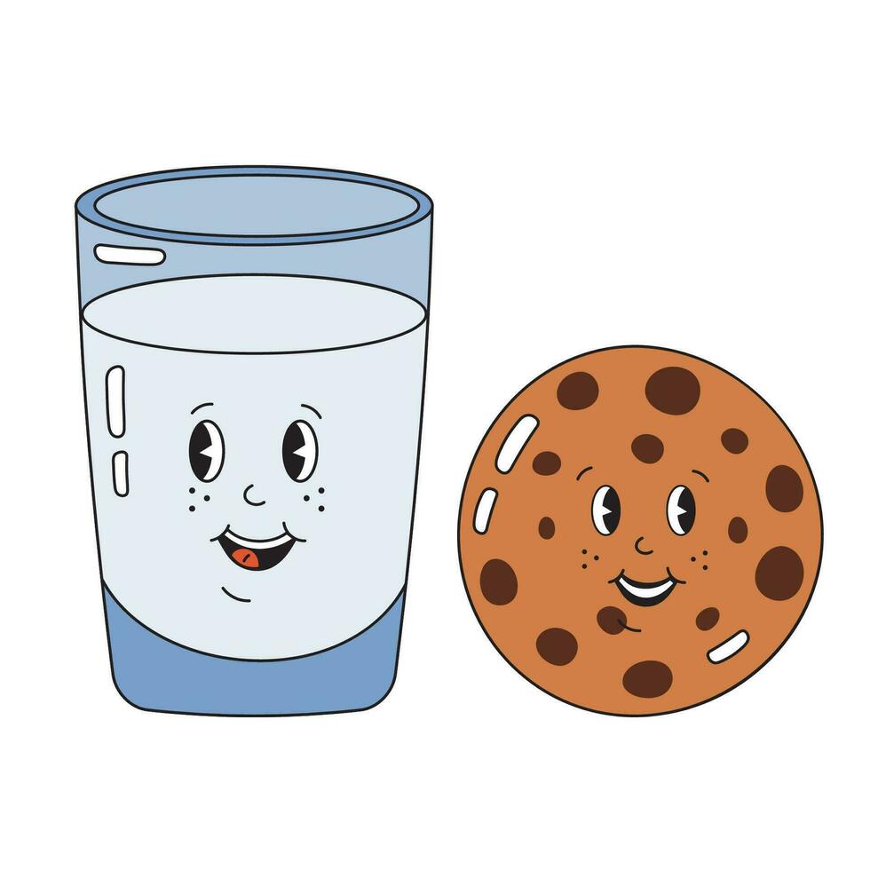 linda vaso de Leche con Galleta en amar, Perfecto Pareja en maravilloso retro estilo. contento san valentin día, romántico concepto. hippie retro Clásico amor elementos. vector