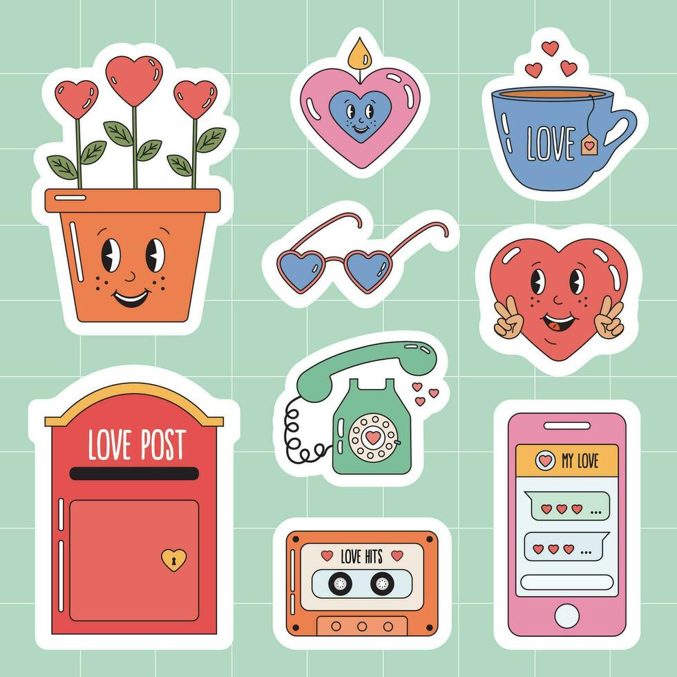 Sticker pack in trendy retro cartoon style. Hippie 60s, 70s style. Retro cartoon happy Valentines day stickers pack for daily planner, diary. Valentine's day sticker badges, labels. vector