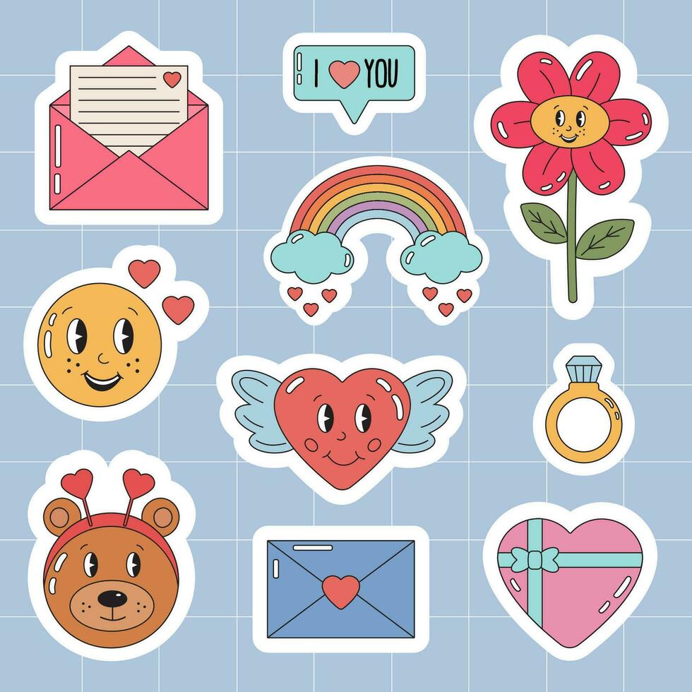 Retro cartoon happy Valentines day stickers pack for daily planner, diary. Valentine's day sticker badges, labels. Groovy hippie love stickers. Collection of scrapbooking elements for valentines day. vector