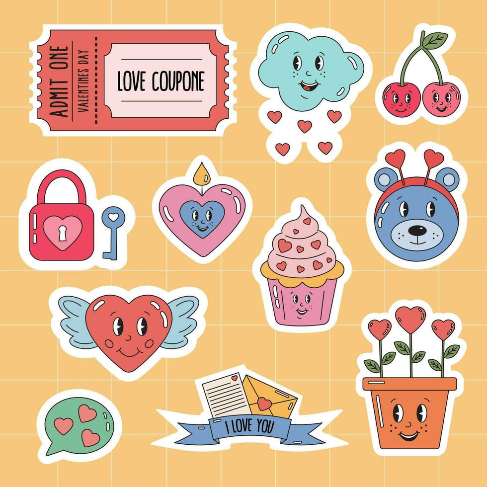 Set of cute vector love stickers in retro groovy style for Valentine day. Sticker badges and labels, romantic themed holidays Valentine day pack. Romantic doodle vector icons for daily planner, diary.