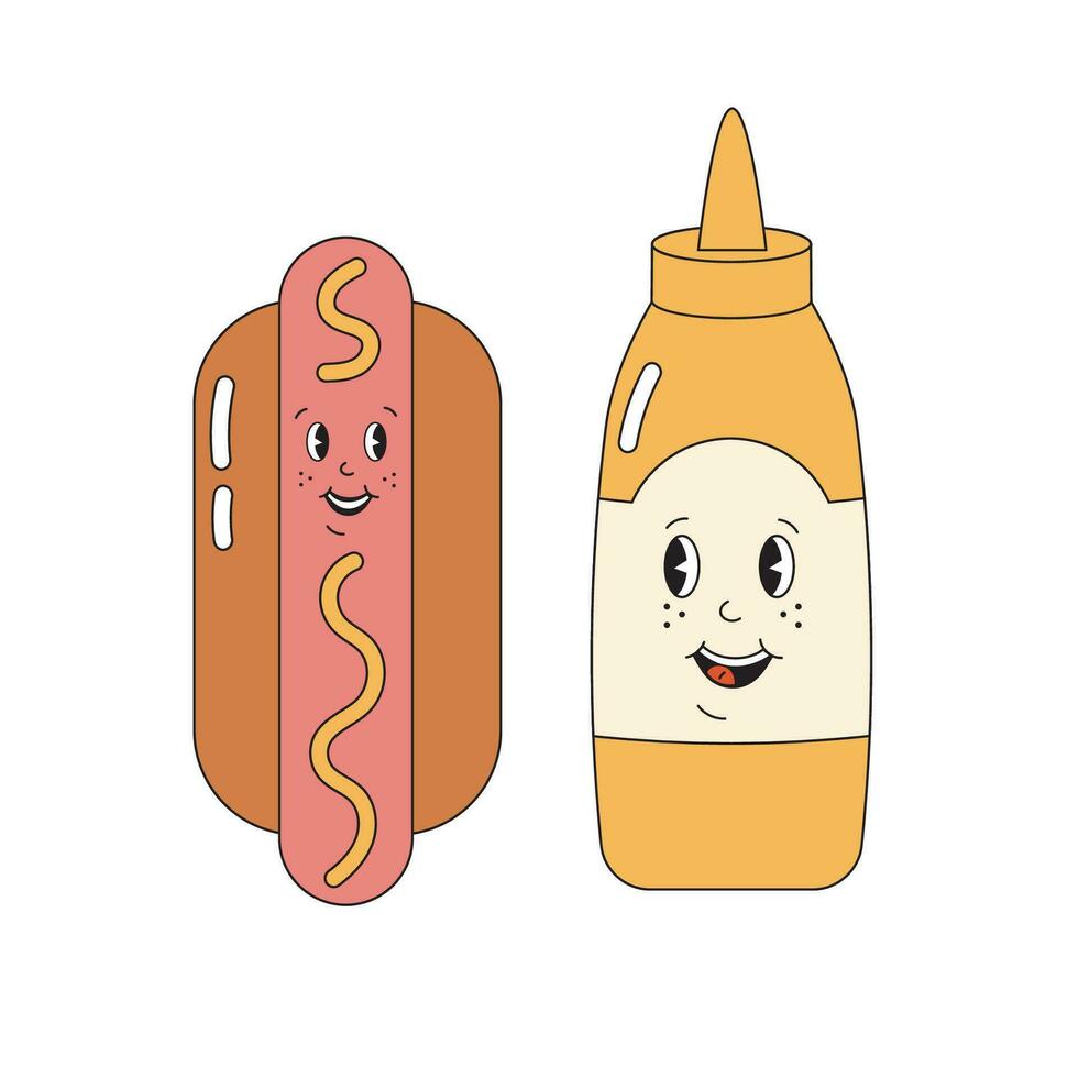 Cute hot-dog and mustard together, perfect pair, couple in love. Food romantic concept in groovy retro style. vector