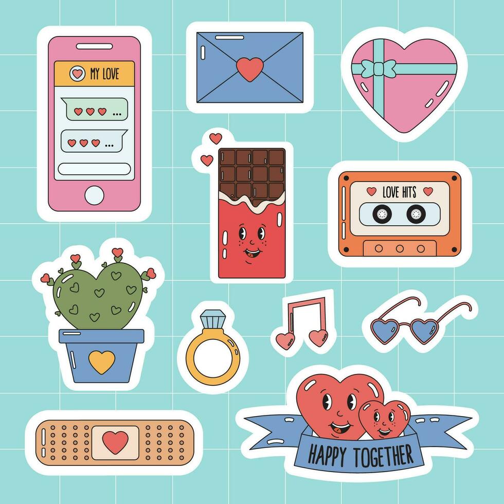 Groovy hippie love stickers. Collection of scrapbooking elements for valentines day. romantic themed holidays Valentine day pack. Romantic doodle vector icons for daily planner, diary.