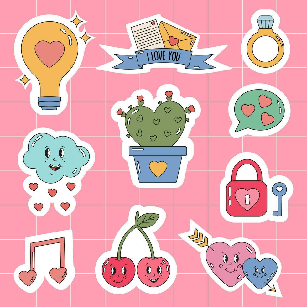 Set of cute vector love stickers in retro groovy style for Valentine day. Sticker badges and labels, romantic themed holidays Valentine day pack. Romantic doodle vector icons for daily planner, diary.